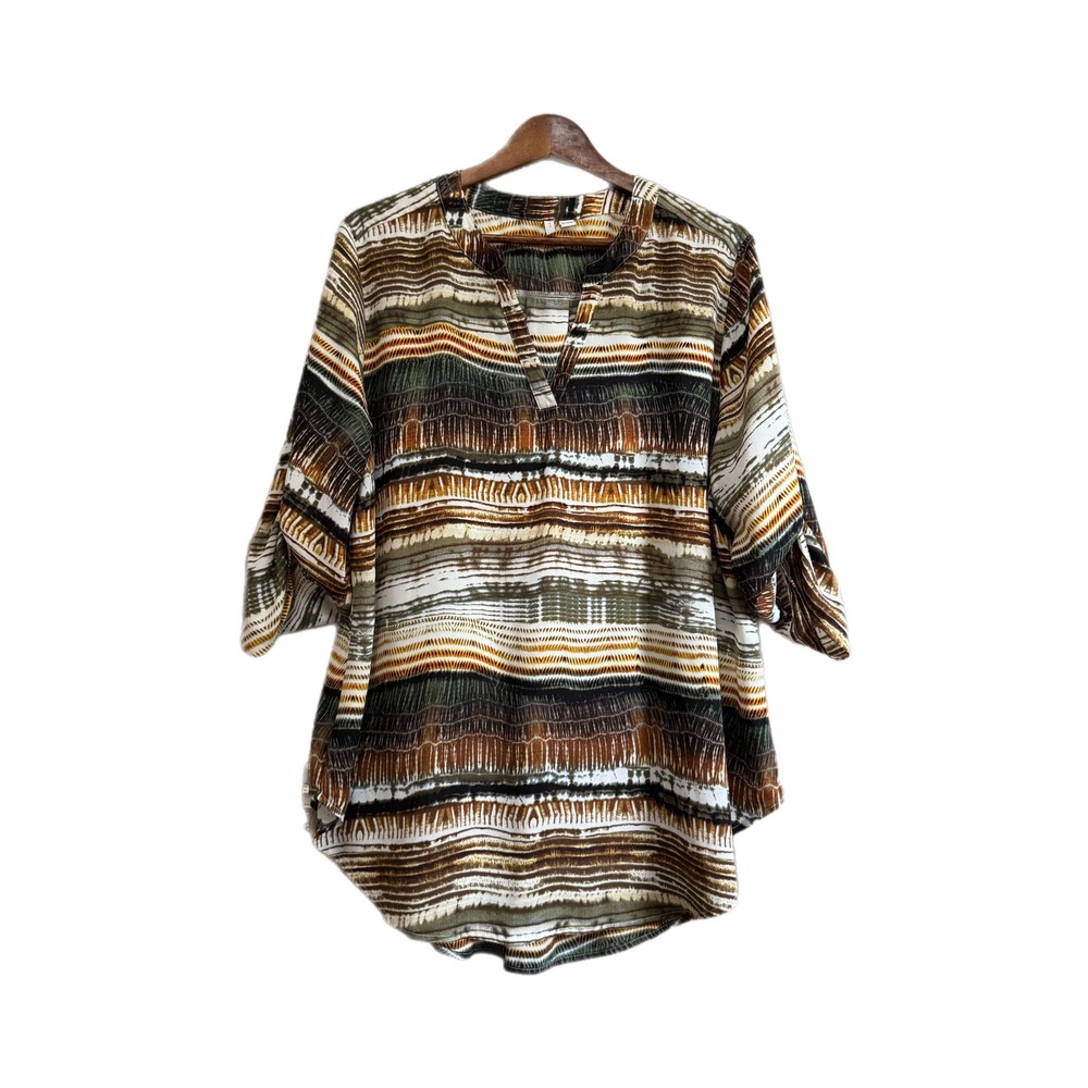 Cato Blouse Women 18/20W Brown Green Striped Excellent Roll Tab Split Neck Top